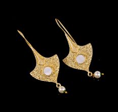 Brass 22k Gold Plated Fan Shaped Dangle Earrings with Mother of Pearl Gemstone